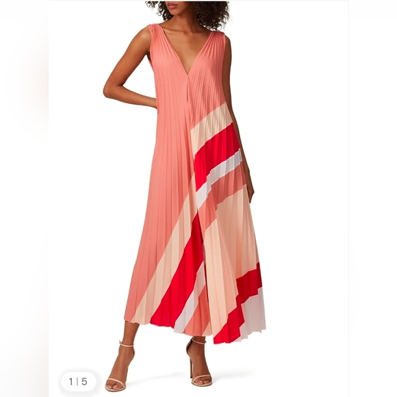 Tome Nyc Dresses & Skirts - Tome V-Neck Coral Pleated Maxi Dress with Colorblock Stripes - Size XL